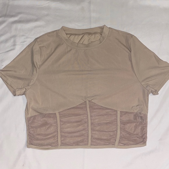 Shein Beige Ruched Mesh Insert Crop Top